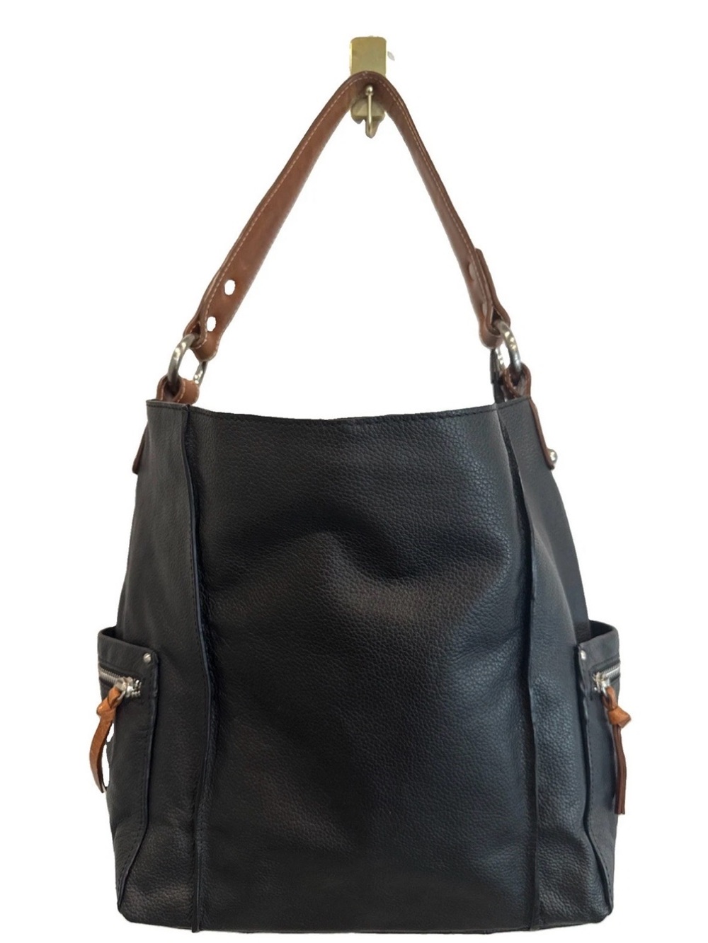NINO BOSSI Purse Black Leather Tote Shoulder Bag Large Brown Trim EUC